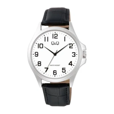 Afbeelding van Q&amp;Q C36A 013PY Horloge Heren Zilverkleurig Duidelijke wijzerplaat Zwart lederen band
