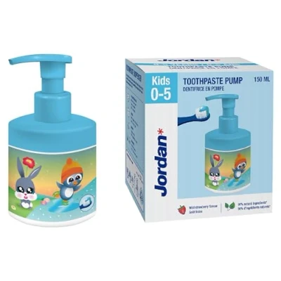 Afbeelding van Jordan ® Tandpastapomp voor kinderen, tandpasta op een pompdispenser, gelijk aan 3 reguliere tubes Innovatieve en handige oplossing ontwikkeld kinderen 0 5 jaar aardbei 1000 ppm 150