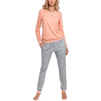 Afbeelding van Merry Style MS MS10 168 PJ Dames Pyjama ronde hals lange mouwen broek met zakken Katoen Zalm/Grijs XL