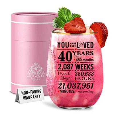 Afbeelding van CROWNLY CRYSTAL® 40e verjaardagscadeaus voor vrouwen gepersonaliseerd glas wijnglas geschenken gin verjaardag decoratie mama zus