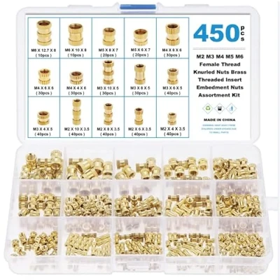 Afbeelding van Faankiton 450 stuks M2, M3, M4, M5, M6, gekartelde moeren van messing, draadmoeren, messing spuitgieten, inzetstuk voor onderdelen 3D printen, kunststof, dagelijkse reparatie,