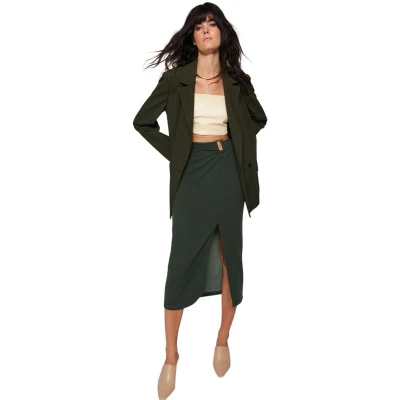 Afbeelding van Trendyol Zwarte Elastische Maxi Rok Van Crêpe Met Gesp, Hoge Taille En Split Twoaw24Et00054