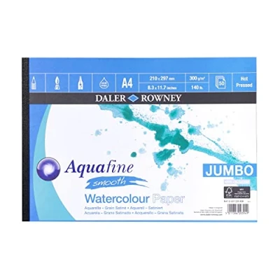 Afbeelding van Daler Rowney Aquafine glad warm geperst 300gsm aquarel &amp; gouache A4 papierblok, gelijmd 1 zijde, natuurlijk wit, 50 vellen, ideaal voor professionele en beginnende kunstenaars studenten, zuurvrij