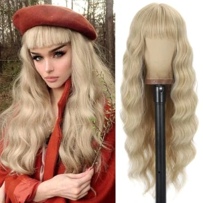 Afbeelding van YEESHEDO Damespruik, lange krullende blonde pruik voor vrouwen, met pony, natuurlijk lang krullend haar, pruik, anime, cosplay, Halloween, 71 cm (blond)