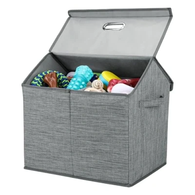 Afbeelding van BELLE VOUS Gray Woven Dog Toy Bin with lid Collapsible Foldable