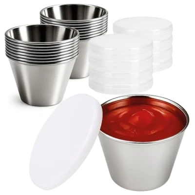 Afbeelding van COM FOUR® 16x sauskommen met deksel kleine kommen Ø 6 cm minikommen voor sauzen, dips, snacks kruidenkommen roestvrijstalen (16 stuks zilverkleurig deksel)