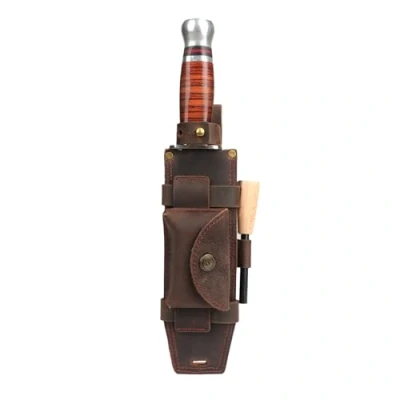 Afbeelding van TOURBON Lederen Vaste Blade Mes Schede voor Riem Rechte Holster met Vuur Starter Houder en Pocket
