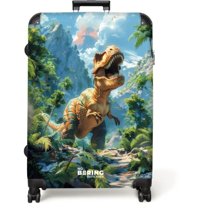 Afbeelding van NoBoringSuitcases.com® Koffer groot Reiskoffer lichtgewicht T rex in tropisch woud Rolkoffer met 4 wielen Grote trolley XL 98 liter bagage