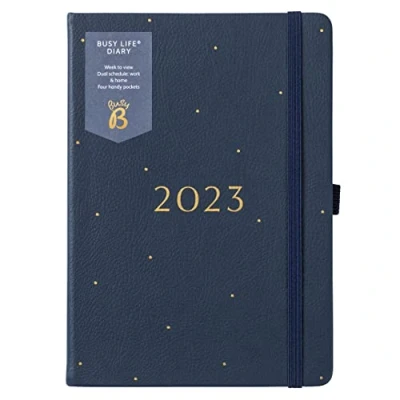 Afbeelding van Busy B Life Diary januari tot december 2023 A5 Navy Kunstleer Week om Planner te bekijken met dubbele schema&#039;s, penhouder en zakken