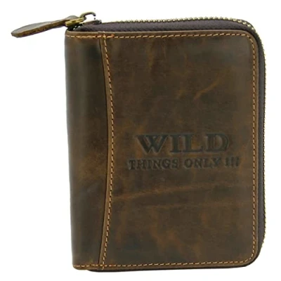 Afbeelding van WILD THINGS ONLY !!! Leren heren portemonnee, RFID bescherming, ritssluiting, Portefeuille met geschenkdoos, staand formaat, Bruin