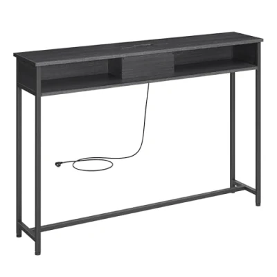 Afbeelding van VASAGLE Consoletafel met stopcontacten, bijzettafel 2 vakken, smal, 25 x 120 81 cm, ruimtebesparend, voor entree, woonkamer, antracietgrijs inktzwart LNT111B01