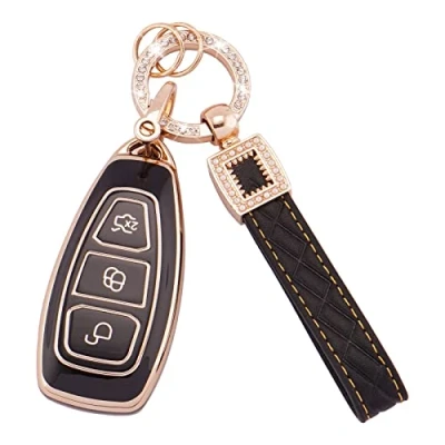 Afbeelding van Koaudb Autosleutel TPU Protector Fit voor Ford Fiesta Focus C Max Galaxy B Grand Kuga Mondeo S 3 Knoppen Keyless Sleutelhanger Case met Lederen Lanyard (BP Frd 3)