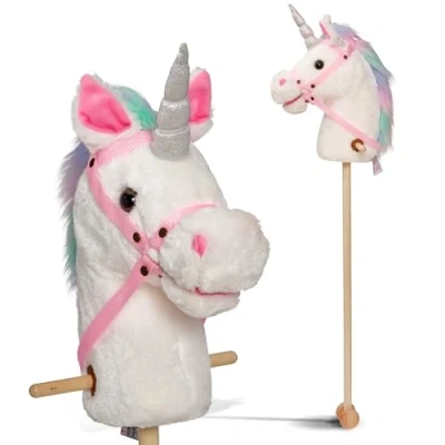 Afbeelding van Pink Papaya Stokpaard RAINBOW Schattig Pluche Speelgoed Paard met Geluidsfunctie: Hinnikend en Galopperend Geluid