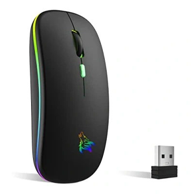 Afbeelding van Oplaadbare, draadloze muis met achtergrondverlichting, 7 kleuren mini USB ontvanger, 2,4 GHz, gaming muis, compatibel laptop, pc, computer, Chromebook, notebook, zwart