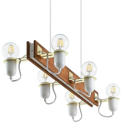 Afbeelding van Lucande Hanglamp 6lichts dennenhout, ijzer E27 antiek hout, wit, gepolijst messing