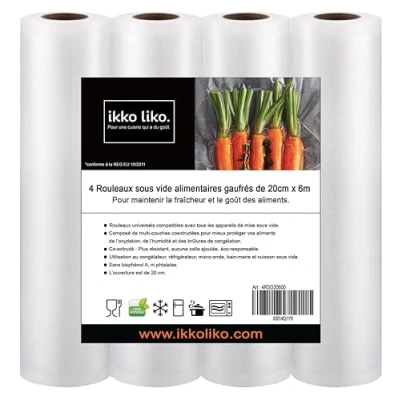 Afbeelding van Vacuümrollen voor levensmiddelen, reliëf, 20 cm x 6 m (x4), professionele kwaliteit, voedselfolie, vacuüm, opbergzak, diepvrieszak, BPA