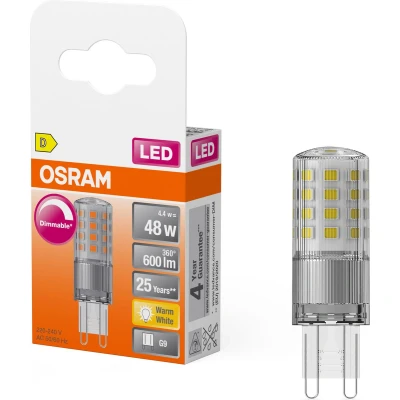 Afbeelding van OSRAM LED PIN lamp van helder kunststof, met 4,4 W voor 600 lm, warmwit licht 2700 K, meerkleurig, retrofit stekker G9, CRI 80, EEK D, dimbaar.