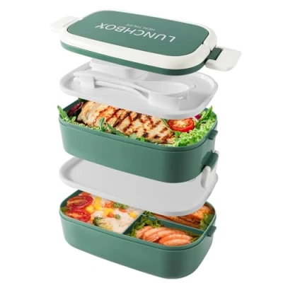 Afbeelding van Bento Lunchbox stapelbaar, 1500 ml containers met 4 compartimenten en bestek, lekvrije 2 laagse dozen, voor volwassenen kinderen, kantoor, magnetron vaatwasmachinebestendig (groen)