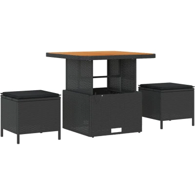 Afbeelding van vidaXL 3 delig tuin eetset met kussens zwart poly rattan acaciahout