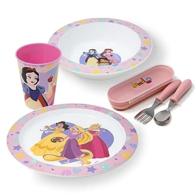 Afbeelding van damaloo Prinsessen Kinderservies violet 6 delige Set I Bord, Kom, Mok &amp; Bestek, BPA vrij, Herbruikbaar Servies voor Kinderen en Baby&#039;s