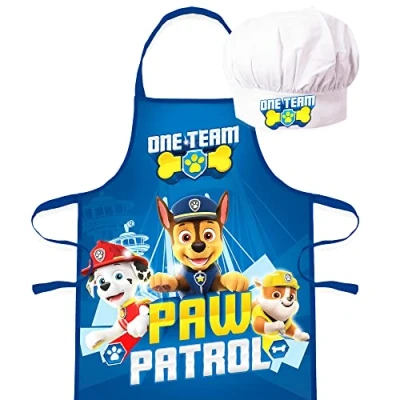 Afbeelding van Sorrisini Keukenschort kind, Koksmuts schort voor kinderen, kinder keukenschort, en verstelbare hoed koken, schilderen 3 8 jaar, Paw Patrol Marshall