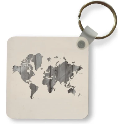 Afbeelding van Sleutelhanger Uitdeelcadeautjes Wereldkaart Hout Grijs Plastic