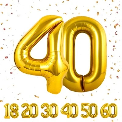 Afbeelding van Ballonnen verjaardag 40 jaar goud 101 cm ballon cijfer opblaasbare folie decoratie van een man vrouw vlinderdas met helium