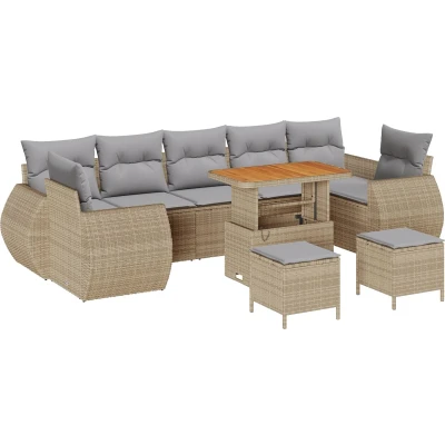 Afbeelding van vidaXL 10 Delige Tuinsofa Set met Kussens Beige Poly Riet Acacia, 3 Tuin Eetset Acacia