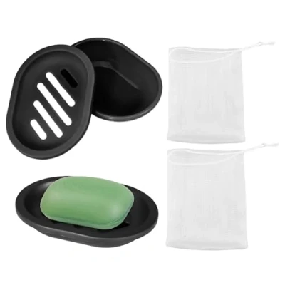 Afbeelding van 2 stuks zwarte zeepbakjes, schuimnet, draagbare zeepbakje, antislip afvoerzeepstandaard, gezichtszeephouder, geschikt voor badkamer, wastafel enz.