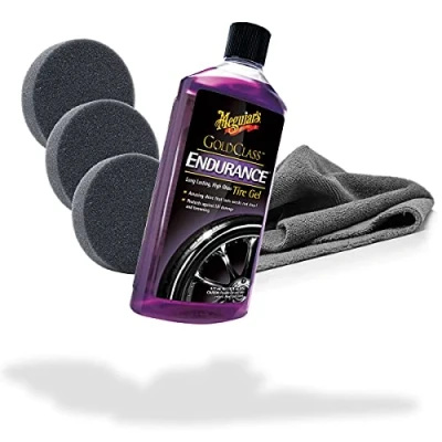 Afbeelding van detailmate Meguiars Bandenverzorging Set voor glans: Endurance High Gloss 473 ml + detailmate: van 3 applicatie pads applicatiespons Ø90/22 mm Edgeless GreyLow microvezeldoek 380 gsm