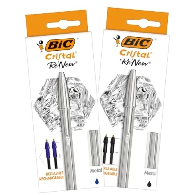 Afbeelding van BIC Cristal Re&#039;New Premium navulbare balpen van metaal blauw en zwart medium punt (1.0 mm) 2 pennen 4 vullingen