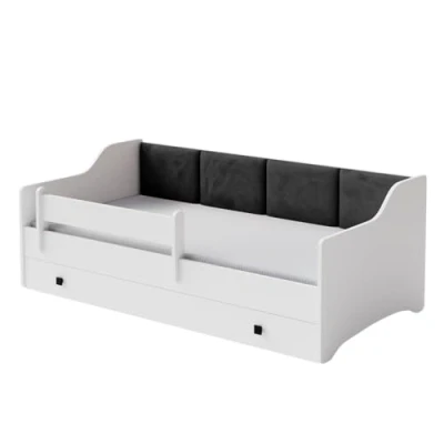 Afbeelding van KOBI Kinderbed Eryk wit 160x80 gevoerde platen lade, matras, reling voor de kinderkamer een meisje jongen (zwarte panelen)