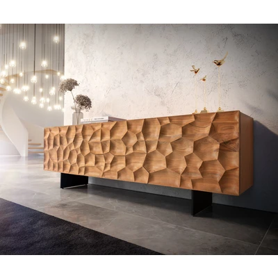 Afbeelding van DELIFE Tv meubel Solu 175 cm acacia natuur 2 deuren laden onderstel zwevend metaal zwart 3D front