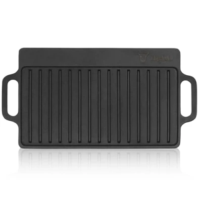 Afbeelding van BBQ Toro Gietijzeren grillplaat met handgrepen, 40 x 20,5 cm, grillpan, aan beide zijden bruikbaar, rechthoekig, universeel en massief, voor houtskool gas, grillaccessoires, grillschaal