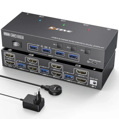 Afbeelding van HDMI KVM switch 2 monitoren 3 computers 4K bij 60 Hz, EDID simulatie, dubbele monitor voor Deel schermen en 4 USB 3.0 poorten, bekabelde afstandsbediening kabels inbegrepen