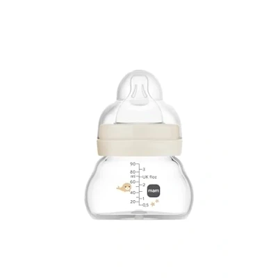 Afbeelding van MAM Glazen fles voor pasgeborenen, 0 maanden, 90 ml, met speen 0, extra langzame siliconen vloeistof, gemakkelijk aan te nemen, reinigen, Feel Good, neutraal, 1 stuk