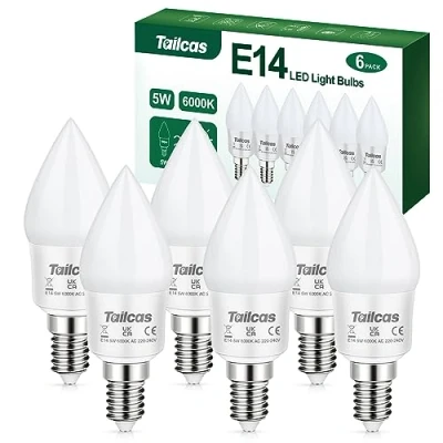 Afbeelding van Tailcas Ledlampen, E14, kaars, 5 W, komt overeen met 40 gloeilamp, warm wit, 2700 K, 450 lm, C35 ledlamp, energiebesparend schroefbasis, niet dimbaar, 6 stuks