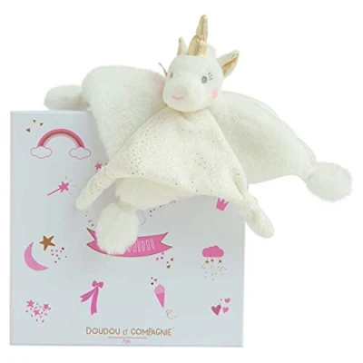 Afbeelding van Doudou et Compagnie DC3275 knuffeldier, eenhoorn, plat, vierkant, 22 cm, goud/wit