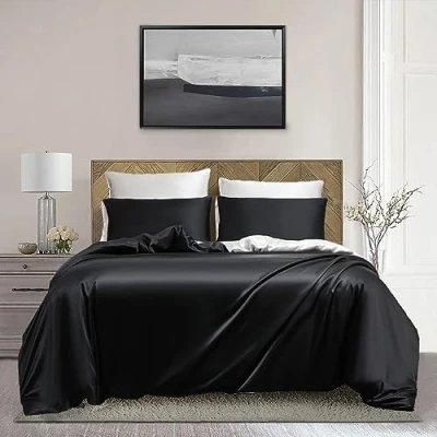 Afbeelding van Damier Satijnen beddengoed, 155 x 220 cm, zwart wit, glanzend satijn, omkeerbaar 3 delig, zijdeachtig glanzend, luxe dekbedovertrek met ritssluiting en 2 kussenslopen 80 cm