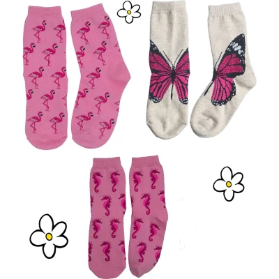 Afbeelding van Nature Planet kindersokken set van 3 roze sokken flamingo vlinder zeepaardje (100% Oeko tex gecertificeerd) maat 29 34