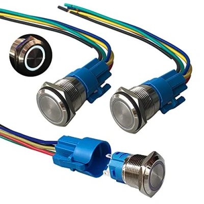 Afbeelding van QitinDasen 3stks Premium 12V/24V 5A Momentary Drukknop Schakelaar, 19mm Auto Ontsteking Starter Wit LED Licht roestvrij staal IP67 Waterdichte Schakelaar met Socket Plug Wire