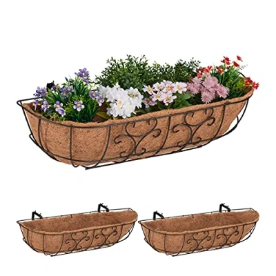 Afbeelding van Relaxdays balkonbak kokos set van 3, plantenbak om op te hangen, ijzer &amp; kokosvezels, HBD 21 x 76 22 cm, bruin/natuur