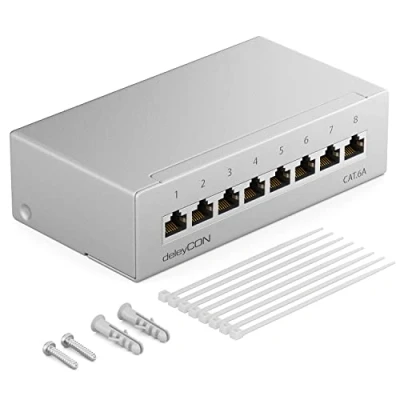 Afbeelding van deleyCON CAT 6a Patchpaneel 8 Poorten 1U Desktop &amp; Wandmontage Afgeschermd 8x RJ45 Bus LAN Netwerk Installatiekabel TIA568A TIA568B RAL 7035 Lichtgrijze