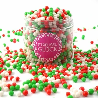 Afbeelding van Strooisel Kerstmis Pure Love Santa 180 g wit roze rood groen STRUUSEL GLUK kerststrooisel suikerstrooisel sprinkles kerst taartdecoratie koekjes versieren taartstrooisel
