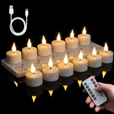 Afbeelding van FREEPOWER 12 oplaadbare led theelichtjes met laadstation, afstandsbediening en timer, elektrische kaarsen, flikkeren, warm wit, dimbaar, theelicht USB kabel, diameter 4 x 5,5 cm
