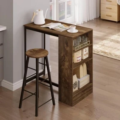 Afbeelding van WOLTU BT43hov bartafel, bistrotafel, aanrecht, met 3 planken, van metaal en hout, 91 x 49 cm, vintage houtlook + zwart,