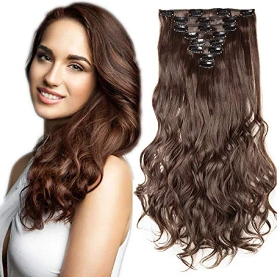 Afbeelding van SEGO Clip in extensies, haarverlenging, haarstukje, 8 vlechten als echt haar, golvend, middelbruin, 61 cm