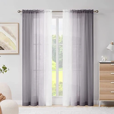 Afbeelding van Melodieux Grijze ombre pure gordijnen chiffon grijs gradiënt staaf pocket voiles, 142,2 x 228,6 cm, 2 panelen