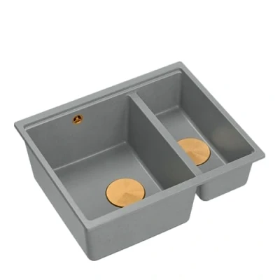 Afbeelding van Quadron Logan 150 granieten spoelbak, keukenspoelbak, afmetingen 55,5 x 46 22 cm, grijs en koper, dubbele wastafel, gootsteen, kastbouw vanaf 60 cm