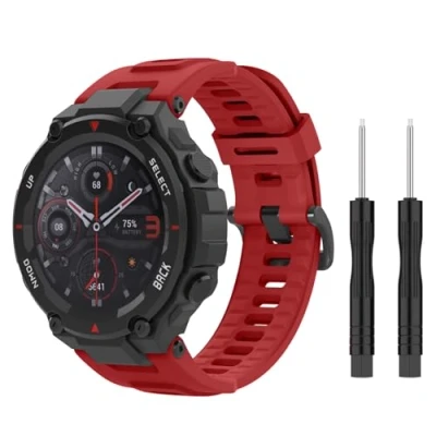 Afbeelding van MoKo Strap Compatible with Huami T Rex/T Rex Pro Smartwatch, Soft Silicone Sports Replacement Watch Band Waterproof Breathable Wristband Bracelet Tools, Red